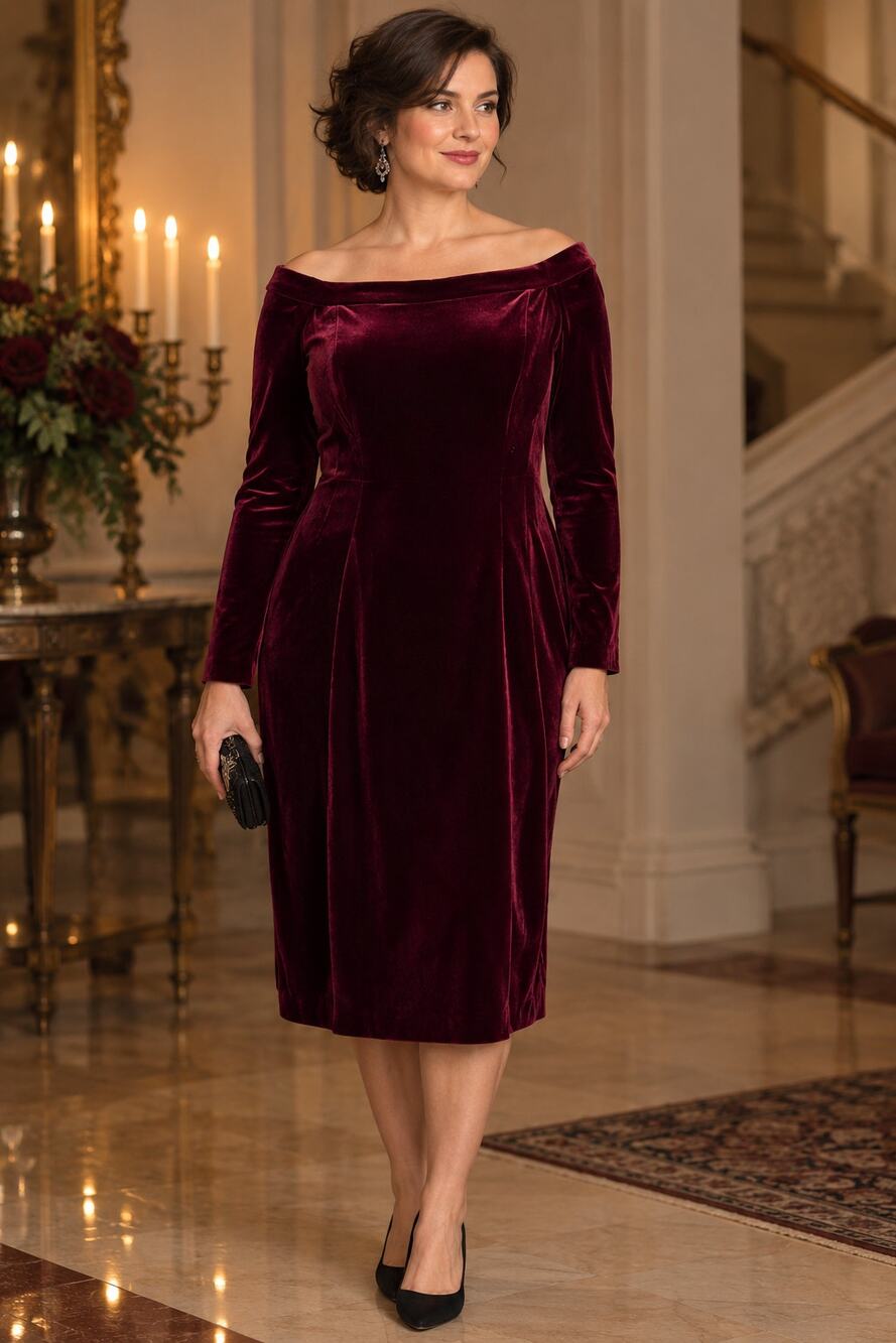 Burgundy Stretch Velvet Off-The Shoulder Dress Cocktail Holiday Formal 14
